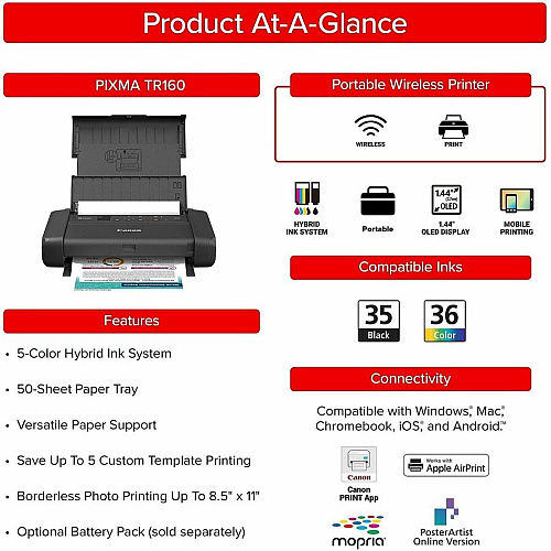 Canon PIXMA TR160 Portable Wired/Wireless Inkjet Printer - Color