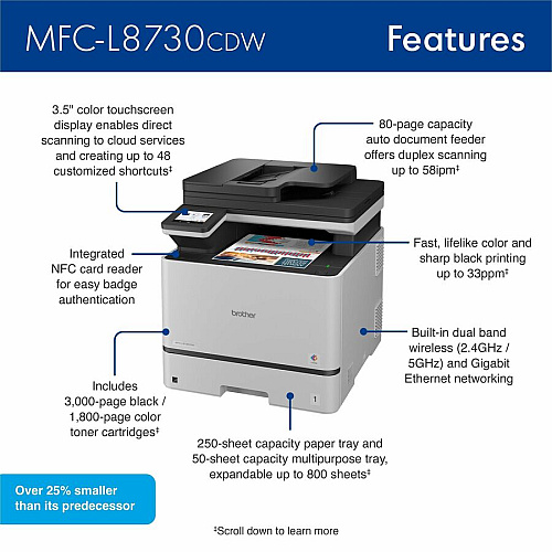 Brother MFC-L8730CDW Wired & Wireless Laser Multifunction Printer - Color - Black, White