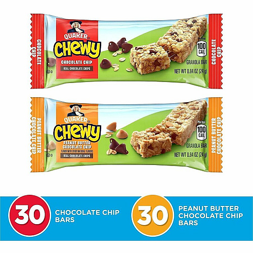 Quaker Chewy Granola Bars Individually Wrapped, Trans Fat Free - Peanut Butter, Chocolate Chip, Dark Chocolate Chunk - 0.84 oz - 60/Bag - 1 Carton (22000434)