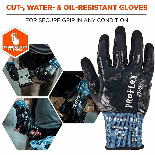 Ergodyne ProFlex 7251 Fully Coated Nitrile Cut-Resistant Gloves Abrasion, Cut, Oil Protection - Nitrile Coating - 8 Size Number - Medium Size - Nylon, Spandex - Black - Touchscreen Capable - Non-slip Grip, Water Resistant, Cut Resistant, Abrasion  (10443)