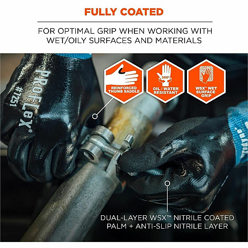 Ergodyne ProFlex 7251 Fully Coated Nitrile Cut-Resistant Gloves Abrasion, Cut, Oil Protection - Nitrile Coating - 8 Size Number - Medium Size - Nylon, Spandex - Black - Touchscreen Capable - Non-slip Grip, Water Resistant, Cut Resistant, Abrasion  (10443)