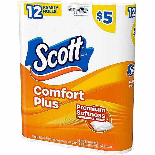 Scott&reg; ComfortPlus Standard Toilet Paper, 1-Ply, 173 Sheet Rolls, 48 Rolls (55211CT)