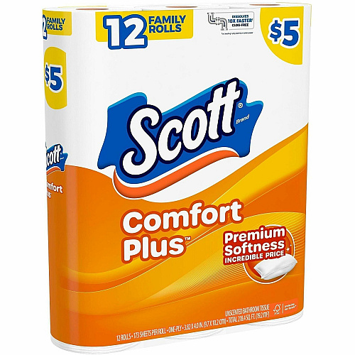 Scott&reg; ComfortPlus Standard Toilet Paper, 1-Ply, 173 Sheet Rolls, 12 Roll Pack (55211)