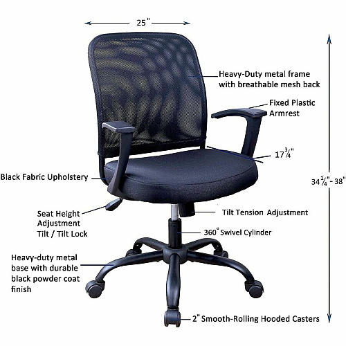 NuSparc Soho Mesh-Back Task Chair with Fixed Arms Fabric Seat Material - Mesh Back Material - Metal Frame Material - Black - Armrest - 1 Each (FCH302MFFBK)