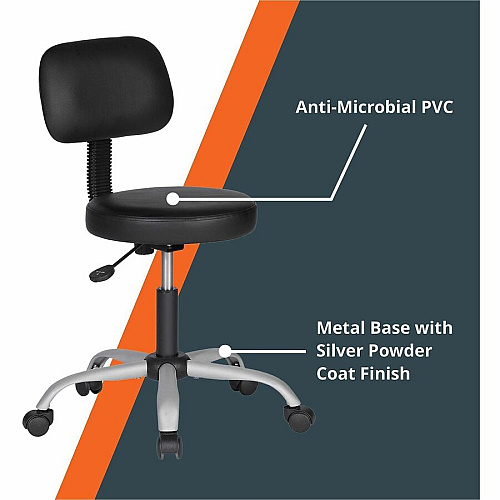 NuSparc Anti-Microbial PVC Stool with Seat Back Black - Polyvinyl Chloride (PVC) - 1 Each (FCH204VNBK)
