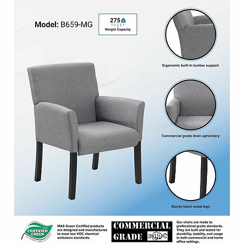 Boss Box Arm Guest, Accent or Dining Chair W/Black Base Gray - Linen, Fabric - Armrest - 1 Each (659MG)