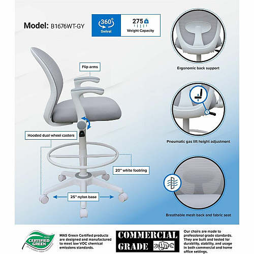 Boss Mesh Flip-Arm Stool Gray Seat Color - Foam, Fabric Seat Material - Gray Back Color - Mesh Back Material - White Frame Color - 5-star Base - Gray - Mesh, Fabric - Armrest - 1 Each (1676WTGY)