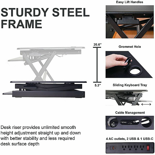 Rocelco DADRB-40-ACUSB Sit-to-Standing Desk Riser and Converter 40" Width - Desktop - Black - For Multipurpose - Adjustable Height, Grommet, Keyboard Tray - 1 Each (RDADRB40ACUS)