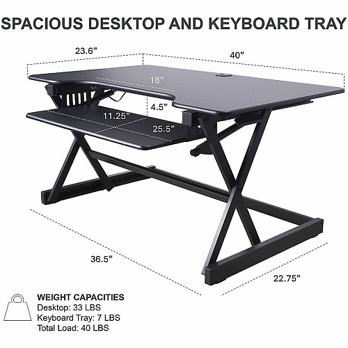 Rocelco DADRB-40-ACUSB Sit-to-Standing Desk Riser and Converter 40" Width - Desktop - Black - For Multipurpose - Adjustable Height, Grommet, Keyboard Tray - 1 Each (RDADRB40ACUS)