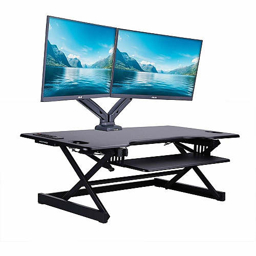 Rocelco R DADBR-40 Height-Adjustable Sit-to-Standing Desk Riser 40 lb Load Capacity - 40" Width - Desktop - Black - For Multipurpose - Adjustable Height, Built-in USB Port, Keyboard Tray - 1 Each (RDADRB40MA2)