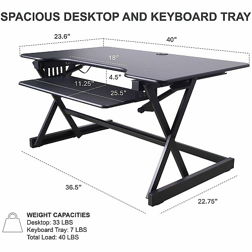 Rocelco R DADBR-40 Height-Adjustable Sit-to-Standing Desk Riser 40 lb Load Capacity - 40" Width - Desktop - Black - For Multipurpose - Adjustable Height, Built-in USB Port, Keyboard Tray - 1 Each (RDADRB40MA2)