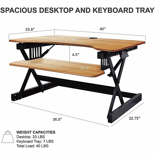 Rocelco R DADBR-40 Height-Adjustable Sit-to-Standing Desk Riser 40 lb Load Capacity - 20" Height x 40" Width x 23.60" Depth - Desktop - Teak - For Monitor, Notebook, Keyboard - Adjustable Height, Keyboard Tray, Scratch Resistant - 1 Each (RDADRT40)