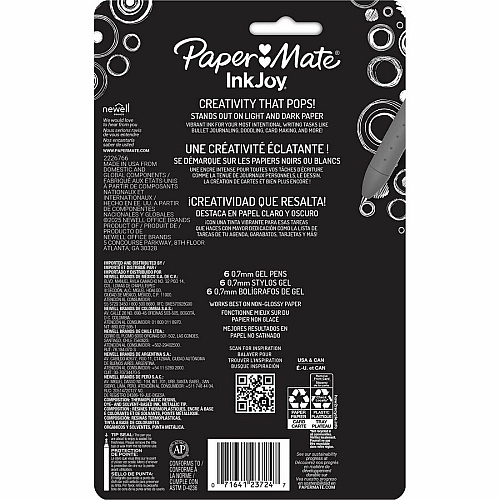 Paper Mate InkJoy Gel Pens 0.7 mm Pen Point - Retractable - Assorted Ink - Gel-based - Writing, Home, Journaling - 6 / Pack (2226713)