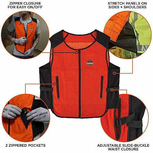 Ergodyne Chill-Its 6260 Cooling Packs Vest Kit Recommended for: Indoor/Outdoor, Industrial, Pulp & Paper, Running, Biking, Yardwork - Small/Medium - 30.75" Chest - Heat, Warm Temperature, Heat Stress Protection - Hook & Loop/Zipper Closure - 2 Poc (12009)