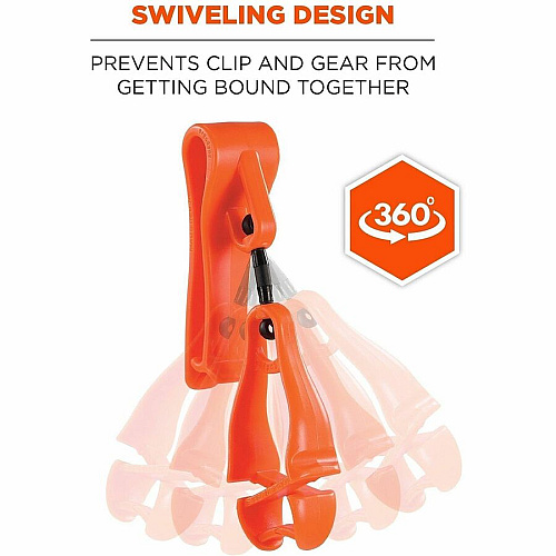 Ergodyne Squids 3425 Swiveling Glove Clip Holder for Gloves, Mitten, Personal Protective Equipment (PPE), Towel, Belt, Warehouse, Construction, Distribution - Swivel, Strong, Temperature Resistant, Durable, Non-conductive, Easy Grip - Orange - Ace (19558)