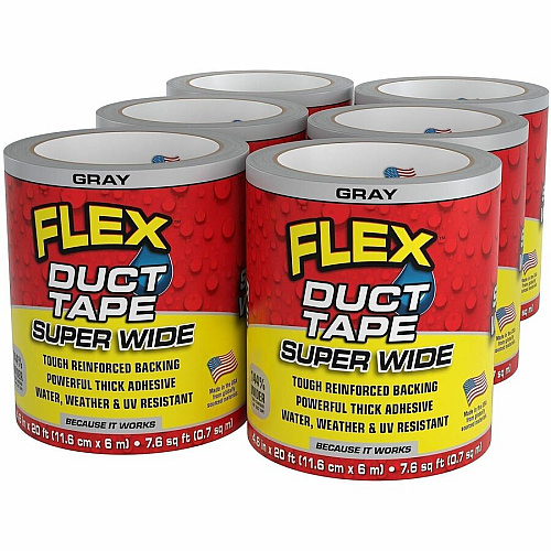 FLEX SEAL Super Wide Duct Tape 20 ft Length x 4.60" Width - Gray - Rubber Adhesive - Water Resistant, Weather Resistant, UV Resistant - For Reinforcing, Box, Household, Repair, DIY, Sealing, Drafting, Window, Door, Furniture, Fabric, ... - 6  (DTGRYR4620)