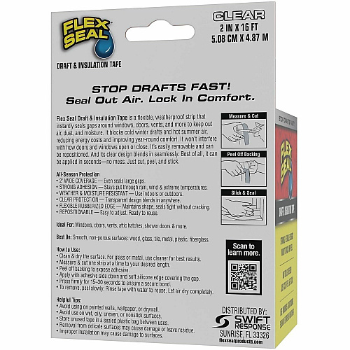 FLEX SEAL Draft Tape 16 ft Length x 2" Width - Clear - Weather Proof, Moisture Proof, Cold Resistant, Crack Resistant, Dust Resistant, Moisture Resistant - For Drafting, Insulating, Window, Door, Sealing, Indoor, Outdoor, Multi Surface, Nonpo (DFSCLR0216)