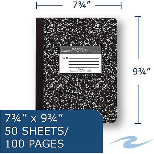 Roaring Spring Unruled Paper Composition Book 50 Sheets - 100 Pages - Plain - Sewn/Tapebound - Unruled Front Ruling - 15 lb Basis Weight - 9 3/4" x 7 1/2" Sheet Size - 9.8" Width x 7.5" Depth - White Paper - Black Marble Board Cover - Hard Cover (77260CT)