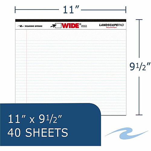 Roaring Spring Wide Landscape White Writing Pads 40 Sheets - 80 Pages - Stapled/Tapebound - Both Side Ruling Surface - College Ruled Front Ruling - 0.28" Ruled - Red Margin - 20 lb Basis Weight - Legal - 11" x 9 1/2" Sheet Size - White Paper - W (74500CT)