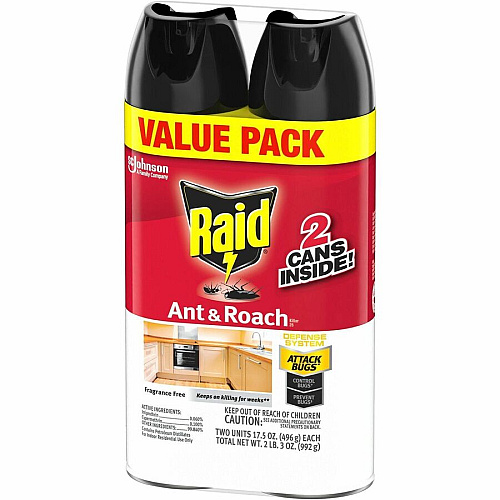 Raid Ant & Roach Killer Spray Aerosol - Kills Ants, Cockroaches, Water Bugs, Palmetto Bug, Silverfish, Carpet Beetle, Earwig, Spider, Lady Beetle, Black Widow Spider - 17.50 fl oz - Red - 2 / Pack (385310)