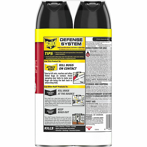 Raid Ant & Roach Killer Spray Aerosol - Kills Ants, Cockroaches, Water Bugs, Palmetto Bug, Silverfish, Carpet Beetle, Earwig, Spider, Lady Beetle, Black Widow Spider - 17.50 fl oz - Red - 2 / Pack (385310)