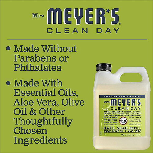 Mrs. Meyer's Clean Day Hand Soap Lemon Verbena Scent - 1.03 quart - Bottle Dispenser - Grime Remover - Hand, Office, Commercial, Food Handling, Education, Skin, Home - Moisturizing - Non-drying, Paraben-free, Phthalate-free, No Artificial Color,  (390058)