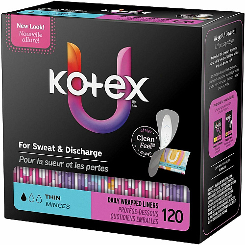 U by Kotex Wrapped Panty Liners Light - Absorbent, Individually Wrapped, Odor-absorbing, Chlorine-free - 120 Liners/Box - 5 / Carton (58311CT)
