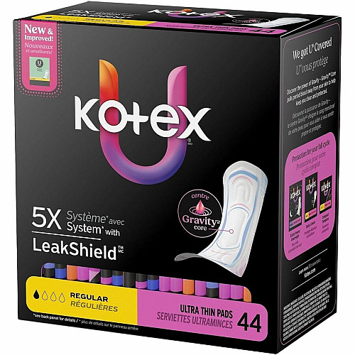 U by Kotex Ultra-Thin Period Pads Regular - Absorbent, Anti-leak, Hypoallergenic, Chlorine-free, Comfortable - 44 / Box (58246)