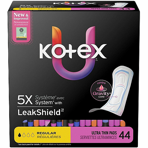 U by Kotex Ultra-Thin Period Pads Regular - Absorbent, Anti-leak, Hypoallergenic, Chlorine-free, Comfortable - 44/Box - 4 / Carton (58246CT)