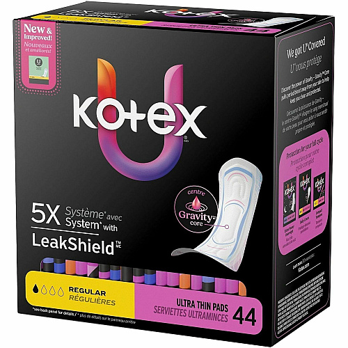U by Kotex Ultra-Thin Period Pads Regular - Absorbent, Anti-leak, Hypoallergenic, Chlorine-free, Comfortable - 44/Box - 4 / Carton (58246CT)