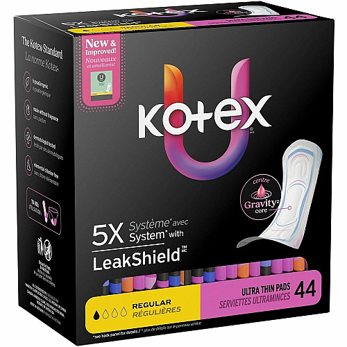 U by Kotex Ultra-Thin Period Pads Regular - Absorbent, Anti-leak, Hypoallergenic, Chlorine-free, Comfortable - 44/Box - 4 / Carton (58246CT)