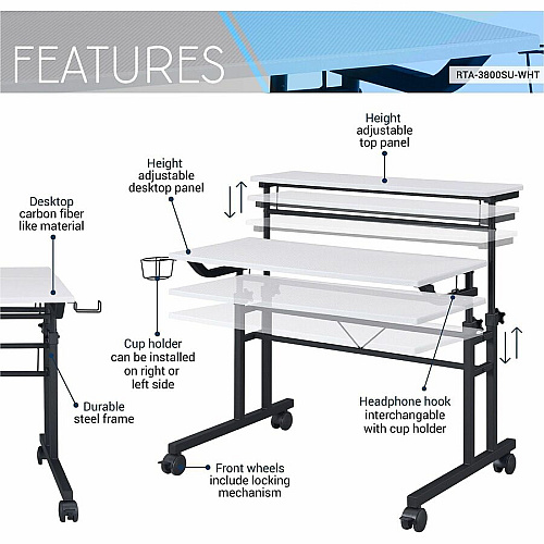 Techni Mobili Rolling Writing Desk Textured, White Top - Modern Style - 44 lb Capacity - Height Adjustable - 36" Table Top Width x 25" Table Top Depth x 0.69" Table Top Thickness - 40" Height - Writing, Home Office, Laptop - Assembly Required  (3800SUWHT)