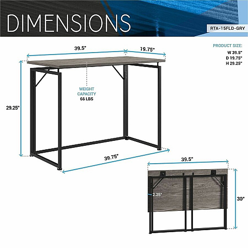Techni Mobili Space Saving Folding Desk Folding Base - Modern Style - 66 lb Capacity - 39.50" Table Top Width x 19.70" Table Top Depth - 29.20" Height - Workstation, Computer, Bedroom, Dorm Room, Laptop - Assembly Required - Gray - Steel Base M (15FLDGRY)