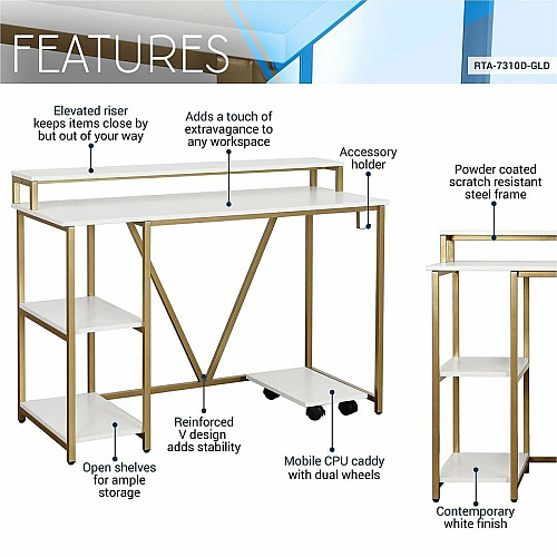 Techni Mobili Industrial Writing Desk Modern Style - 6 Legs - 88 lb Capacity - 46.50" Table Top Width x 19" Table Top Depth - 34" Height - Industry, Writing, Home Office, Storage, Accessories, Monitor - Assembly Required - White, Gold - Enginee (7310DGLD)