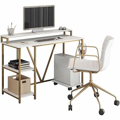 Techni Mobili Industrial Writing Desk Modern Style - 6 Legs - 88 lb Capacity - 46.50" Table Top Width x 19" Table Top Depth - 34" Height - Industry, Writing, Home Office, Storage, Accessories, Monitor - Assembly Required - White, Gold - Enginee (7310DGLD)