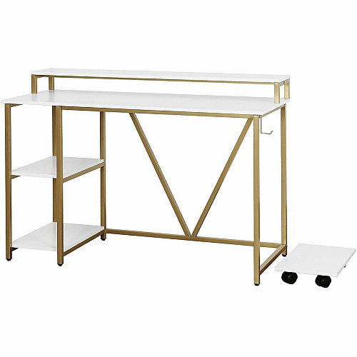 Techni Mobili Industrial Writing Desk Modern Style - 6 Legs - 88 lb Capacity - 46.50" Table Top Width x 19" Table Top Depth - 34" Height - Industry, Writing, Home Office, Storage, Accessories, Monitor - Assembly Required - White, Gold - Enginee (7310DGLD)
