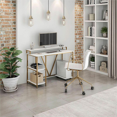 Techni Mobili Industrial Writing Desk Modern Style - 6 Legs - 88 lb Capacity - 46.50" Table Top Width x 19" Table Top Depth - 34" Height - Industry, Writing, Home Office, Storage, Accessories, Monitor - Assembly Required - White, Gold - Enginee (7310DGLD)
