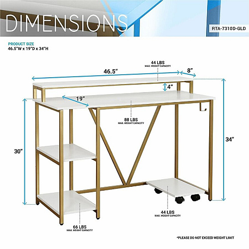 Techni Mobili Industrial Writing Desk Modern Style - 6 Legs - 88 lb Capacity - 46.50" Table Top Width x 19" Table Top Depth - 34" Height - Industry, Writing, Home Office, Storage, Accessories, Monitor - Assembly Required - White, Gold - Enginee (7310DGLD)