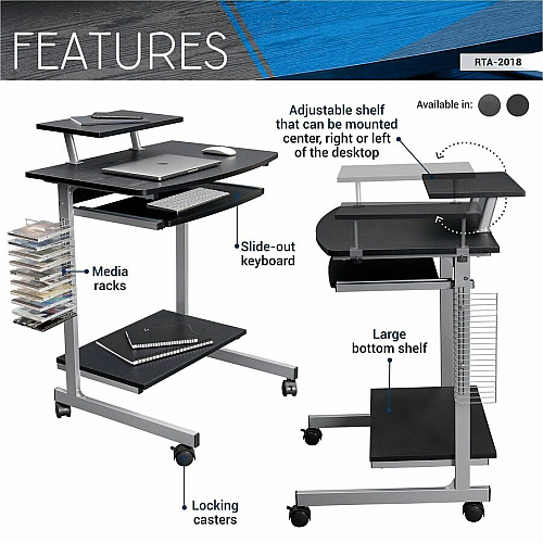 Techni Mobili Compact Computer Cart 120 lb Load Capacity - 4 Casters - Medium Density Fiberboard (MDF), Polyvinyl Chloride (PVC), Laminate, Veneer, Engineered Wood - 28" Width x 20.75" Depth x 35.75" Height - Steel Frame - Graphite - 1 Each (2018GPH06)