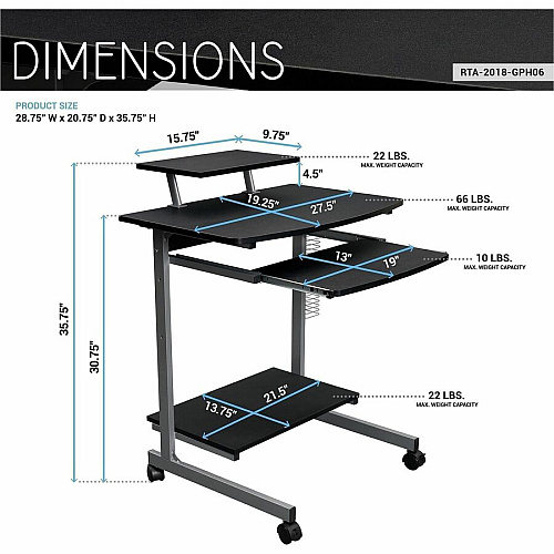 Techni Mobili Compact Computer Cart 120 lb Load Capacity - 4 Casters - Medium Density Fiberboard (MDF), Polyvinyl Chloride (PVC), Laminate, Veneer, Engineered Wood - 28" Width x 20.75" Depth x 35.75" Height - Steel Frame - Graphite - 1 Each (2018GPH06)