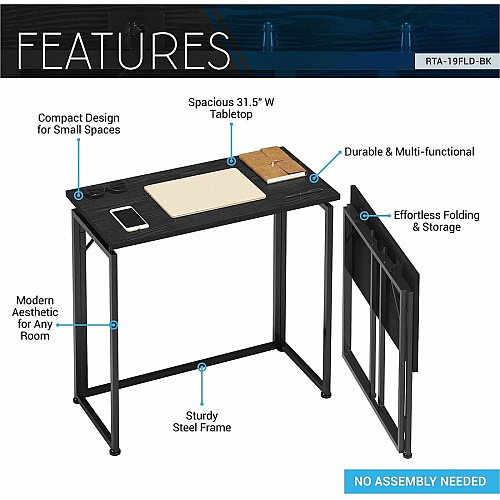 Techni Mobili 31.5" Folding Desk Folding Base - Modern Style - 66 lb Capacity - 31.50" Table Top Width x 15.70" Table Top Depth - 29" Height - Room, Dorm Room, Study Room, Living Room - Assembly Required - Black - Steel Frame Material - 1 Each (19FLDBK)