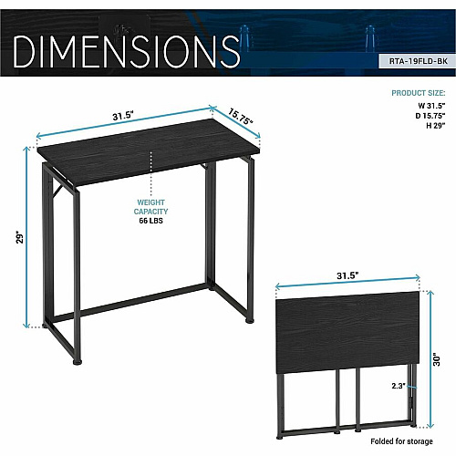 Techni Mobili 31.5" Folding Desk Folding Base - Modern Style - 66 lb Capacity - 31.50" Table Top Width x 15.70" Table Top Depth - 29" Height - Room, Dorm Room, Study Room, Living Room - Assembly Required - Black - Steel Frame Material - 1 Each (19FLDBK)
