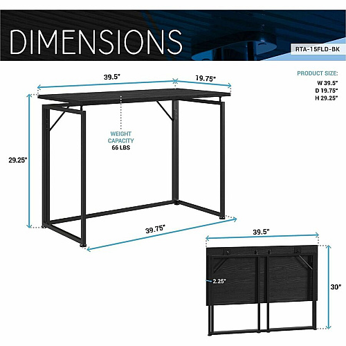 Techni Mobili Space Saving Folding Desk Folding Base - Modern Style - 66 lb Capacity - 39.50" Table Top Width x 19.70" Table Top Depth - 29.20" Height - Workstation, Computer, Bedroom, Dorm Room, Laptop - Assembly Required - Black - Steel Base M (15FLDBK)