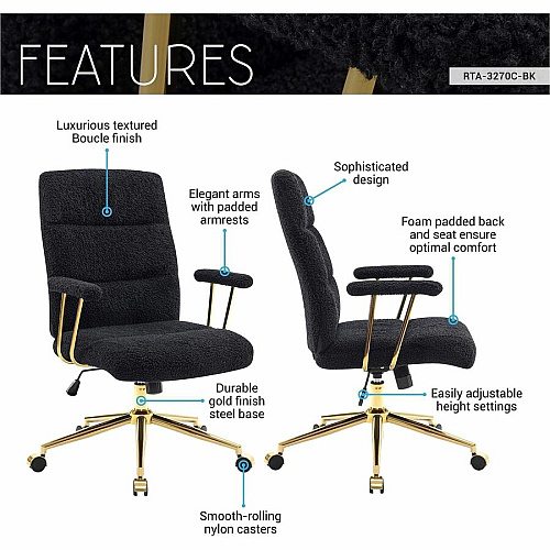 Techni Mobili Textured Boucle Office Chair Black Seat Color - Plush, Foam Seat Material - Black Back Color - Foam, Plush Back Material - 5-star Base - Gold, Black - Nylon - Armrest - 1 Each (3270CBK)