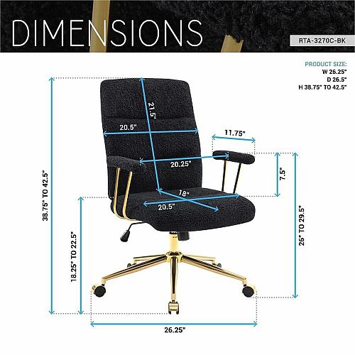 Techni Mobili Textured Boucle Office Chair Black Seat Color - Plush, Foam Seat Material - Black Back Color - Foam, Plush Back Material - 5-star Base - Gold, Black - Nylon - Armrest - 1 Each (3270CBK)
