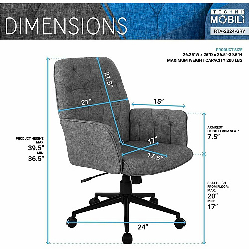 Techni Mobili Modern Upholstered Tufted Chair 5-star Base - Gray - Polyester, Foam, Fabric - Armrest - 1 Each (2024GRY)