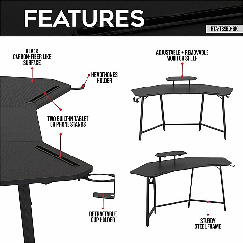 Techni Sport Guardian Gaming Desk Black Top - 4 Legs - 110 lb Capacity - 63" Table Top Width x 29.50" Table Top Depth - 35" Height - Gaming, Monitor, Accessories - Assembly Required - Black - Medium Density Fiberboard (MDF) Top Material - Steel  (TS98DBK)