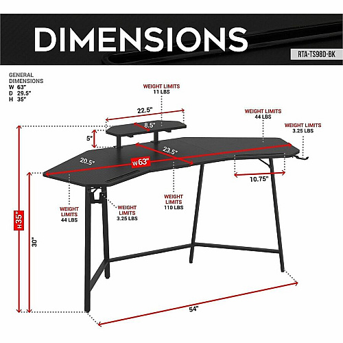Techni Sport Guardian Gaming Desk Black Top - 4 Legs - 110 lb Capacity - 63" Table Top Width x 29.50" Table Top Depth - 35" Height - Gaming, Monitor, Accessories - Assembly Required - Black - Medium Density Fiberboard (MDF) Top Material - Steel  (TS98DBK)