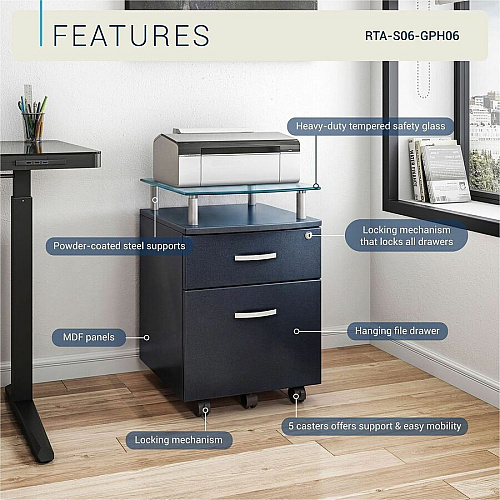 Techni Mobili Rolling Glass-Top Filing Cabinet 15.7" Width x 17.5" Depth x 24" Height - 1 x Shelf(ves) - 2 x Drawer(s) for File - 74 lb Load Capacity - Locking Drawer, Locking Mechanism, Moisture Resistant, Scratch Resistant, Durable, Mobility  (S06GPH06)