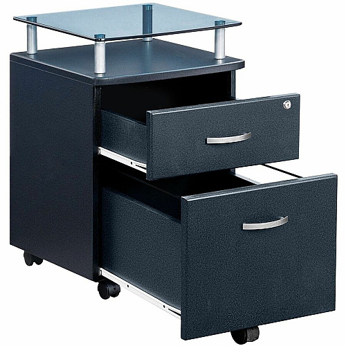Techni Mobili Rolling Glass-Top Filing Cabinet 15.7" Width x 17.5" Depth x 24" Height - 1 x Shelf(ves) - 2 x Drawer(s) for File - 74 lb Load Capacity - Locking Drawer, Locking Mechanism, Moisture Resistant, Scratch Resistant, Durable, Mobility  (S06GPH06)